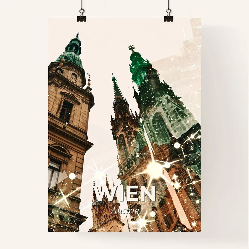 Vienna City Skyline Double Exposure Poster Art - A group of towers with a green roof Poster
