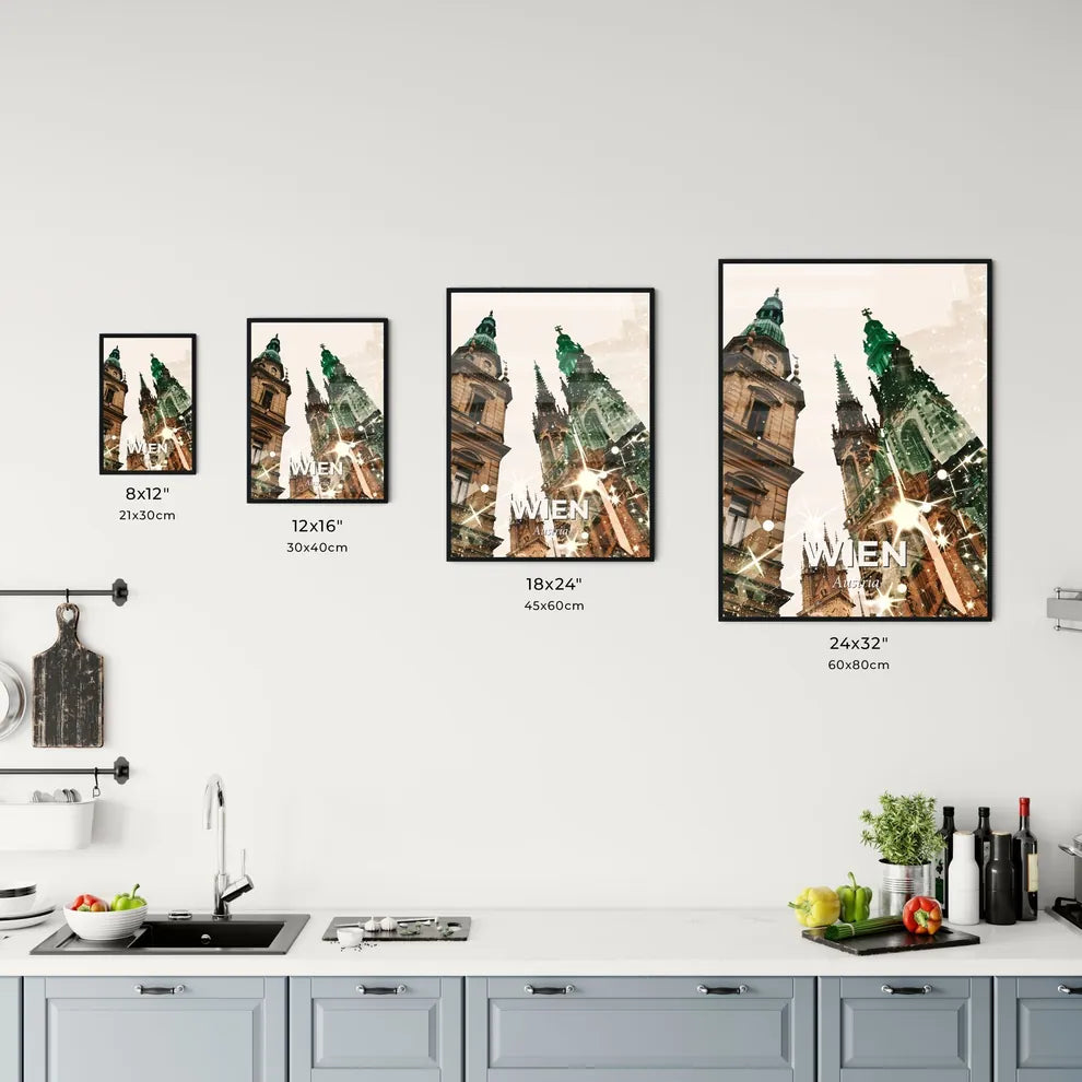Vienna City Skyline Double Exposure Poster Art - A group of towers with a green roof Size Chart