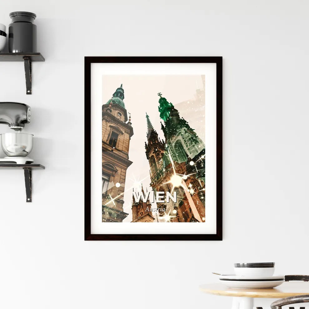 Vienna City Skyline Double Exposure Poster Art - A group of towers with a green roof Custom Print