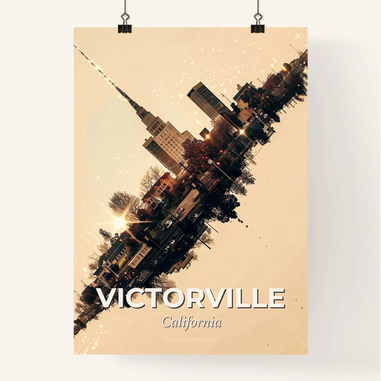 Victorville's Icons: Double Exposure Art - A city with a tall tower Poster