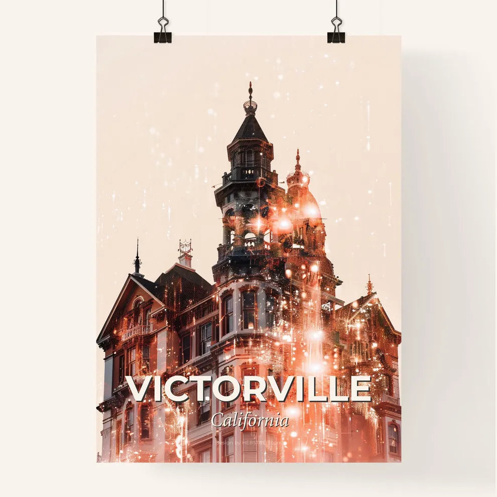 Victorville Skyline - Double Exposure Art Poster - A building with a tower and fireworks Poster