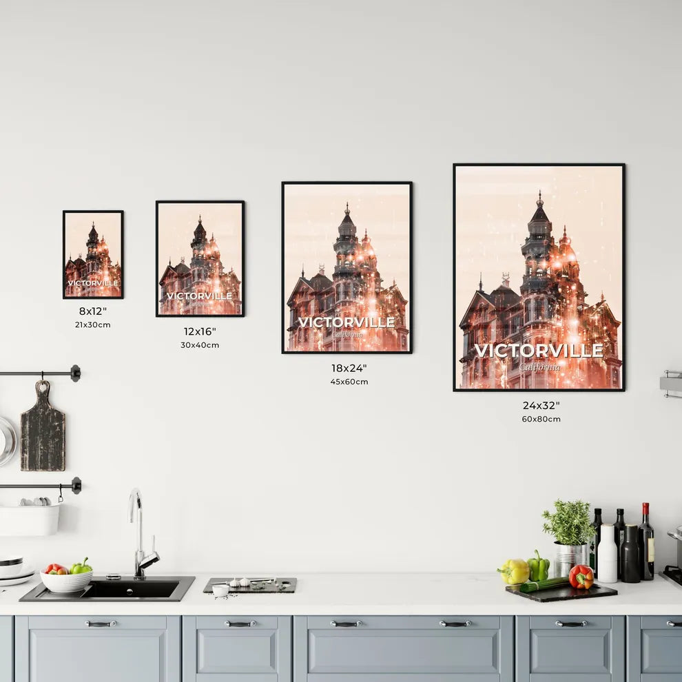 Victorville Skyline - Double Exposure Art Poster - A building with a tower and fireworks Size Chart