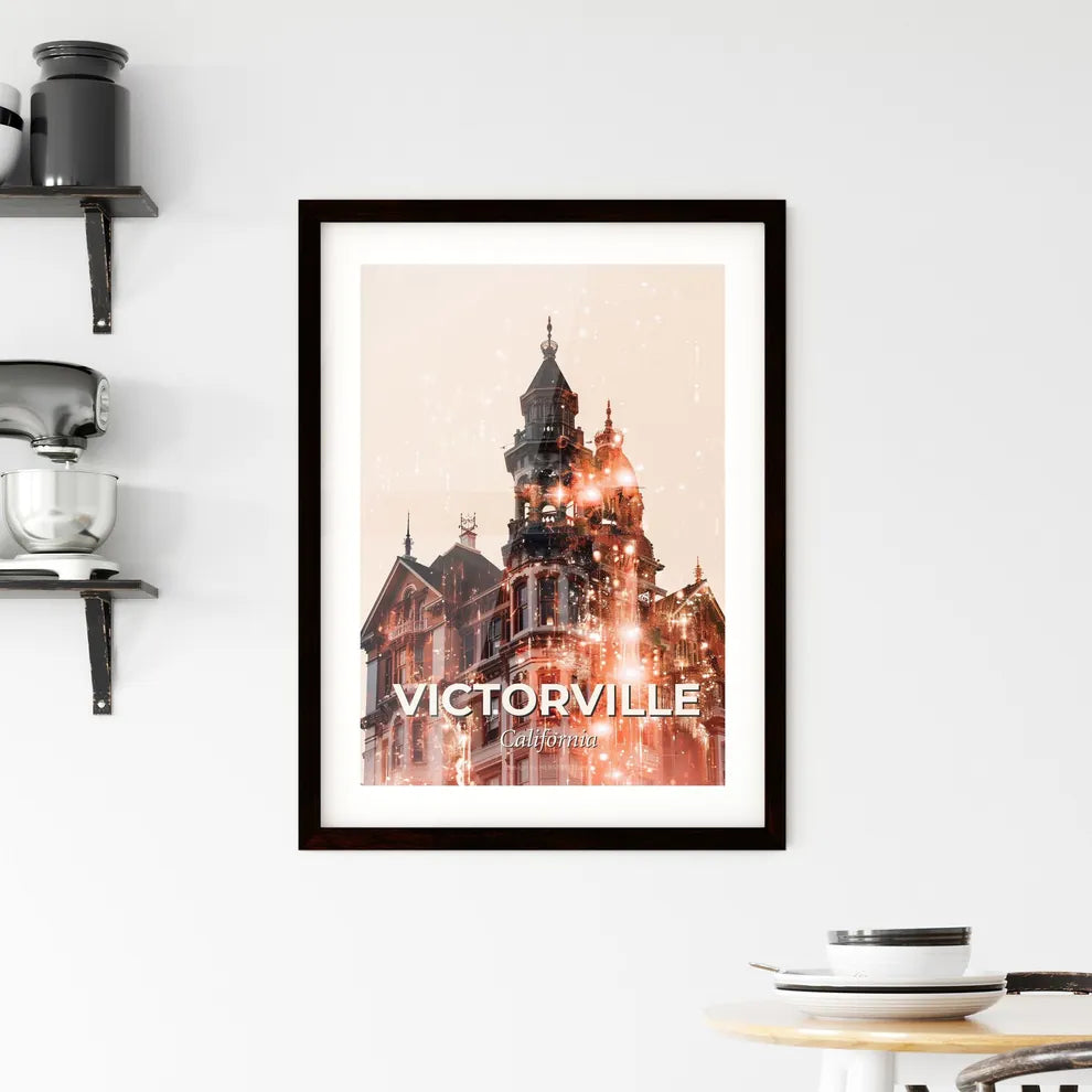 Victorville Skyline - Double Exposure Art Poster - A building with a tower and fireworks Custom Print