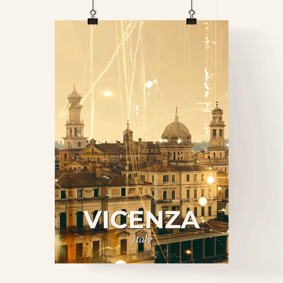 Vicenza Italy Skyline Art Poster with Sparkles - A group of buildings with a tower and spires Poster