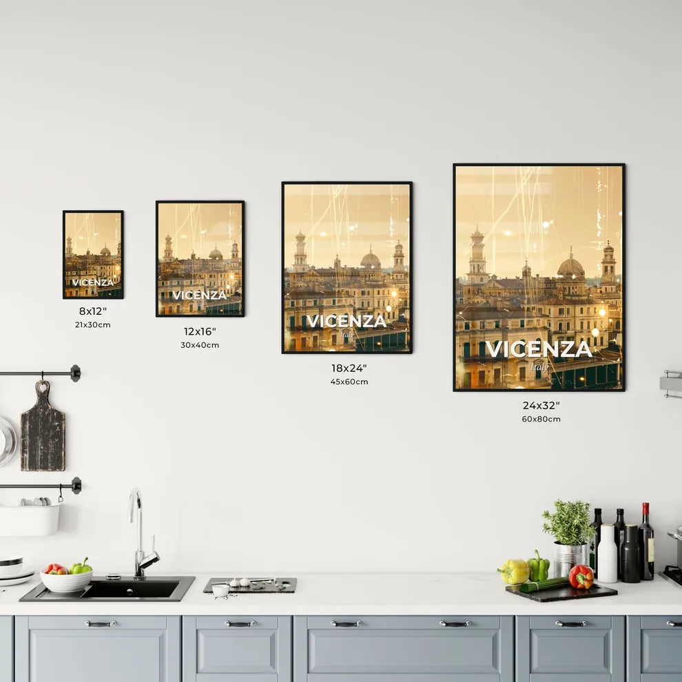 Vicenza Italy Skyline Art Poster with Sparkles - A group of buildings with a tower and spires Size Chart