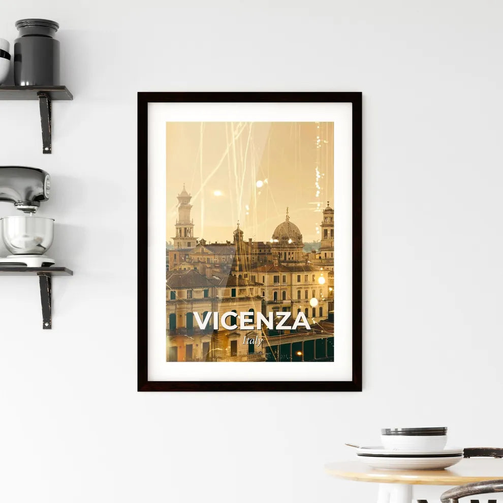 Vicenza Italy Skyline Art Poster with Sparkles - A group of buildings with a tower and spires Custom Print