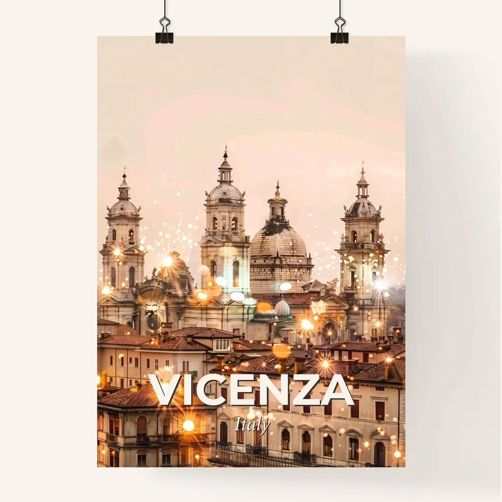 Vicenza Skyline Double Exposure Cityscape Poster Art - A large building with domes and lights Poster