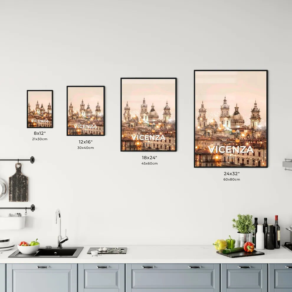 Vicenza Skyline Double Exposure Cityscape Poster Art - A large building with domes and lights Size Chart