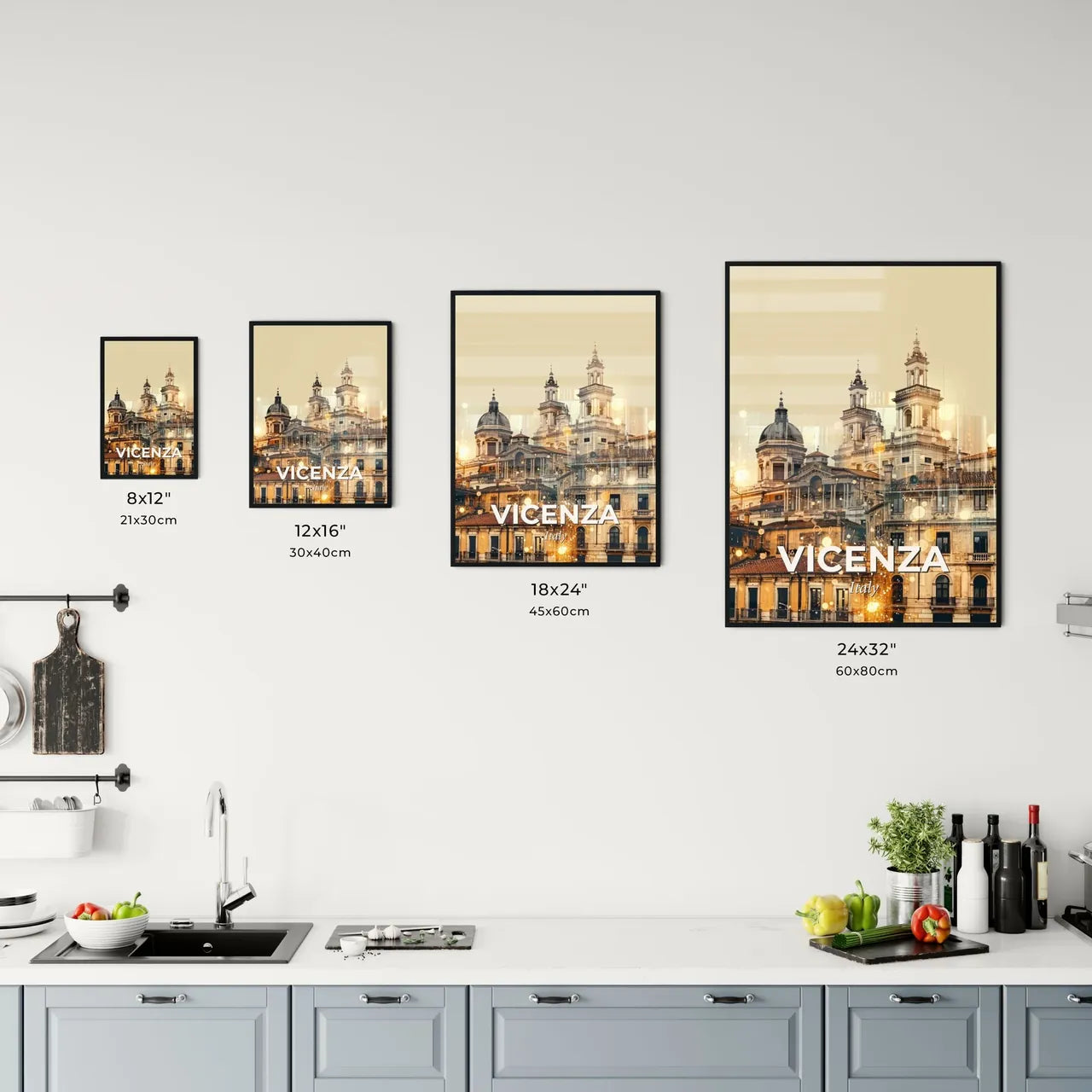 Vicenza City Skyline Composite Art Poster - A group of buildings with many windows Size Chart