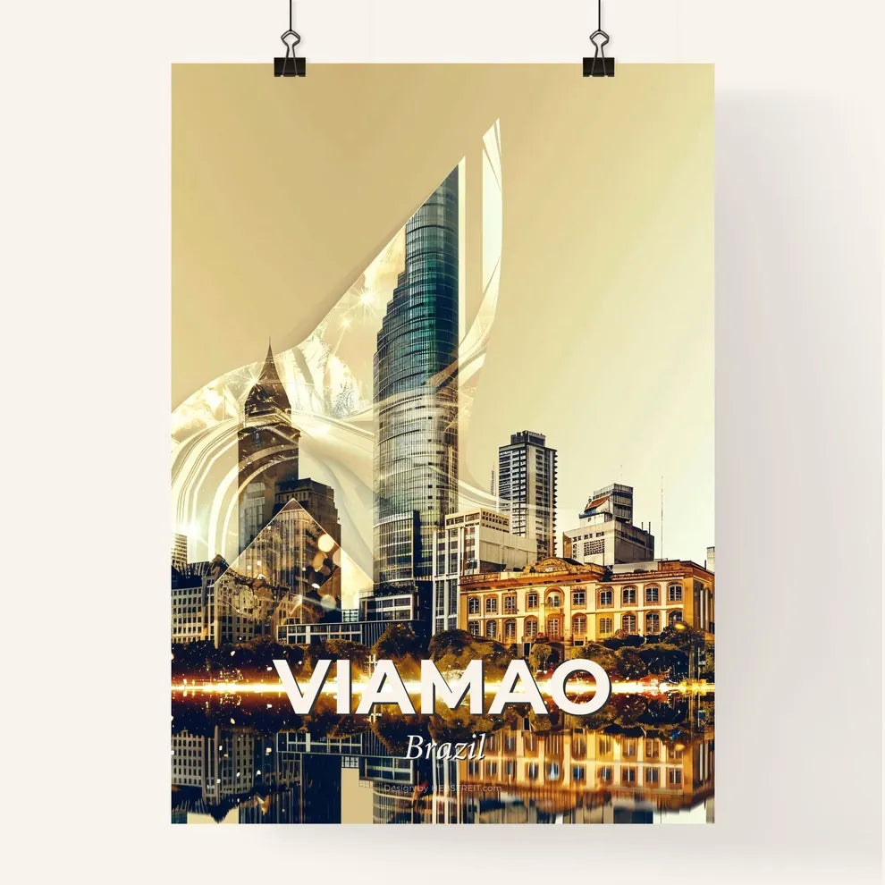 Viamao Cityscape Art: Iconic Landmarks Double Exposure - A city skyline with a bird shaped building Poster