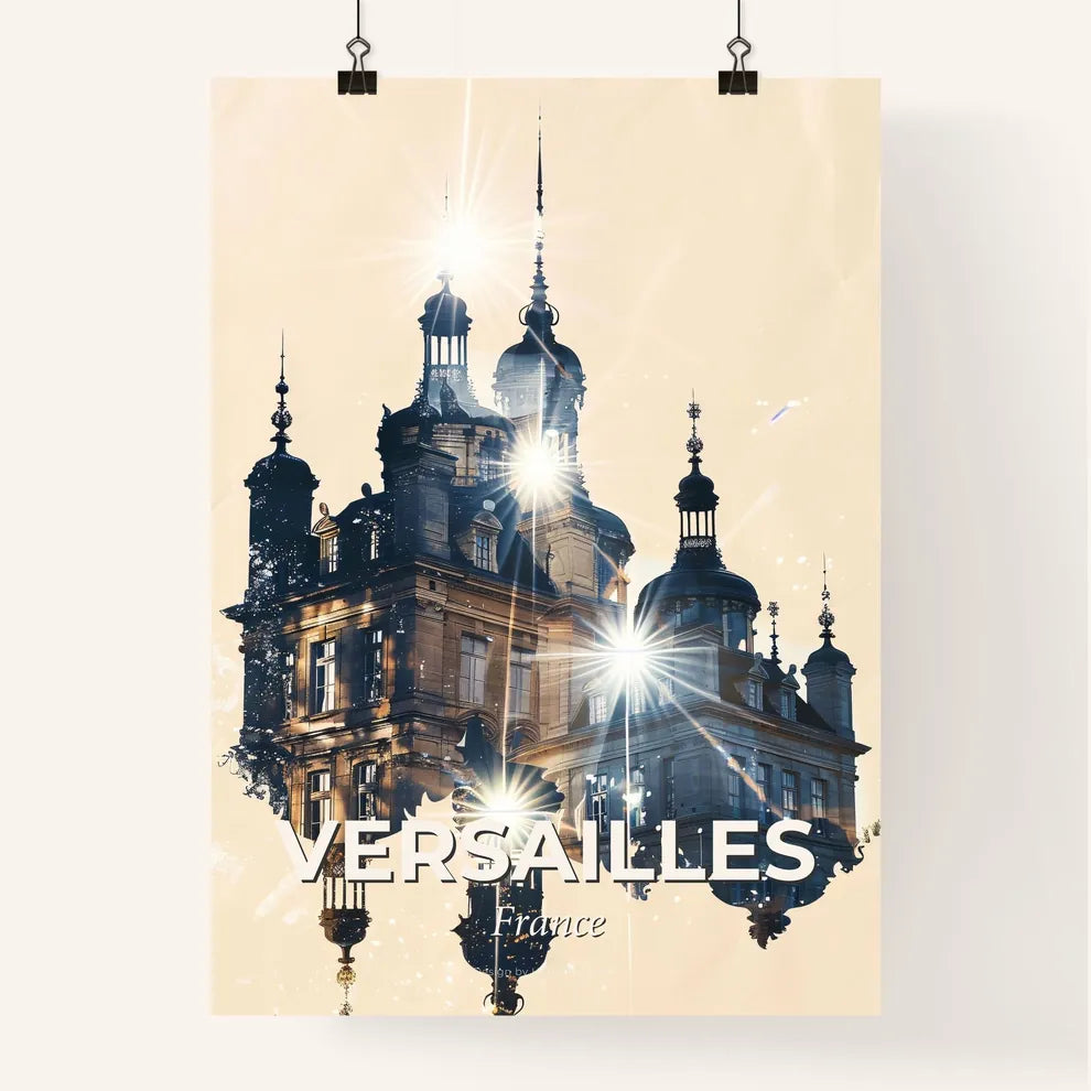 Versailles Skyline Composite Art Poster: Bright Beige - A building with many windows and a light on it Poster