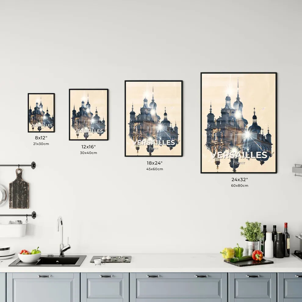Versailles Skyline Composite Art Poster: Bright Beige - A building with many windows and a light on it Size Chart