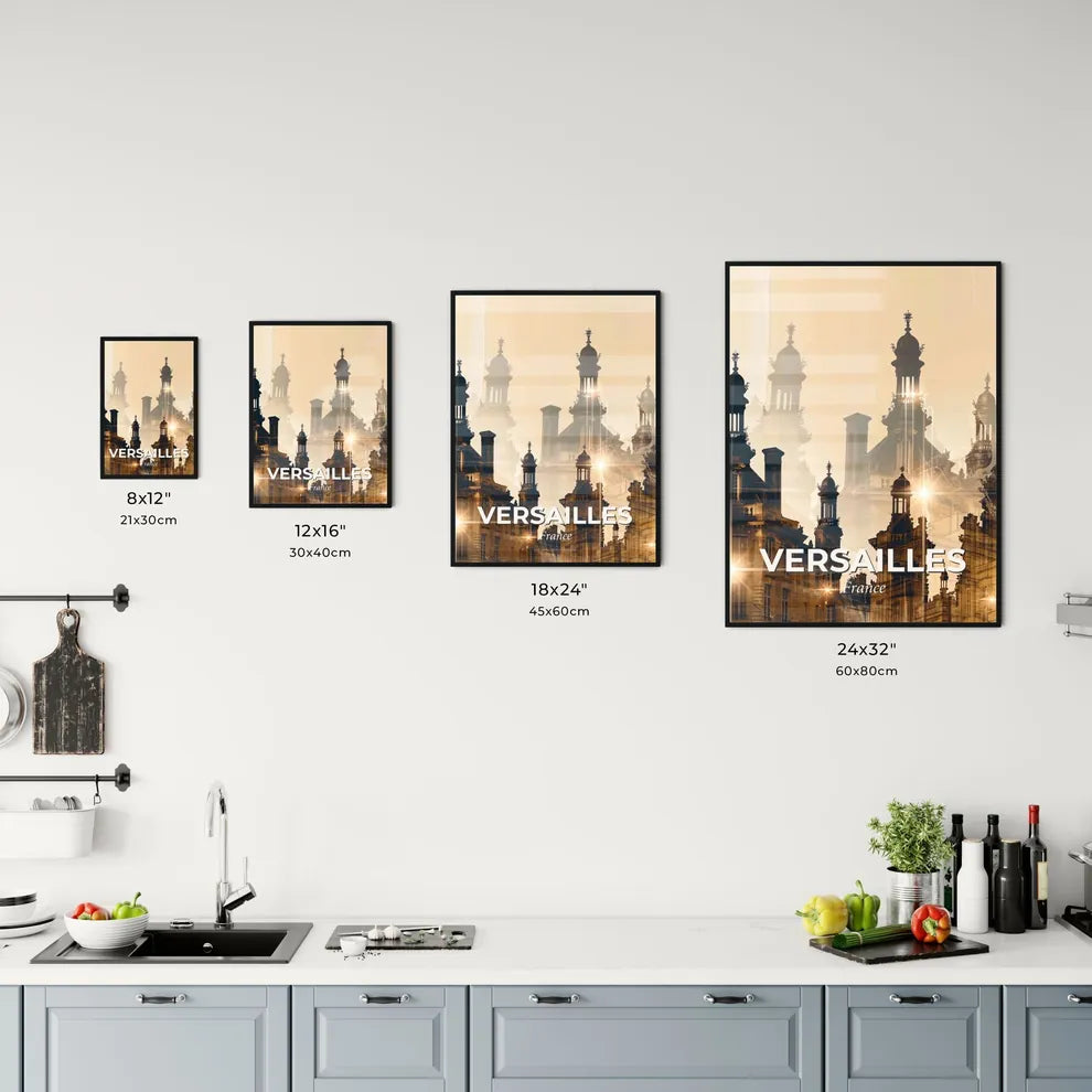 Versailles Skyline Composite Art Bright Beige Poster - A city skyline with many towers Size Chart