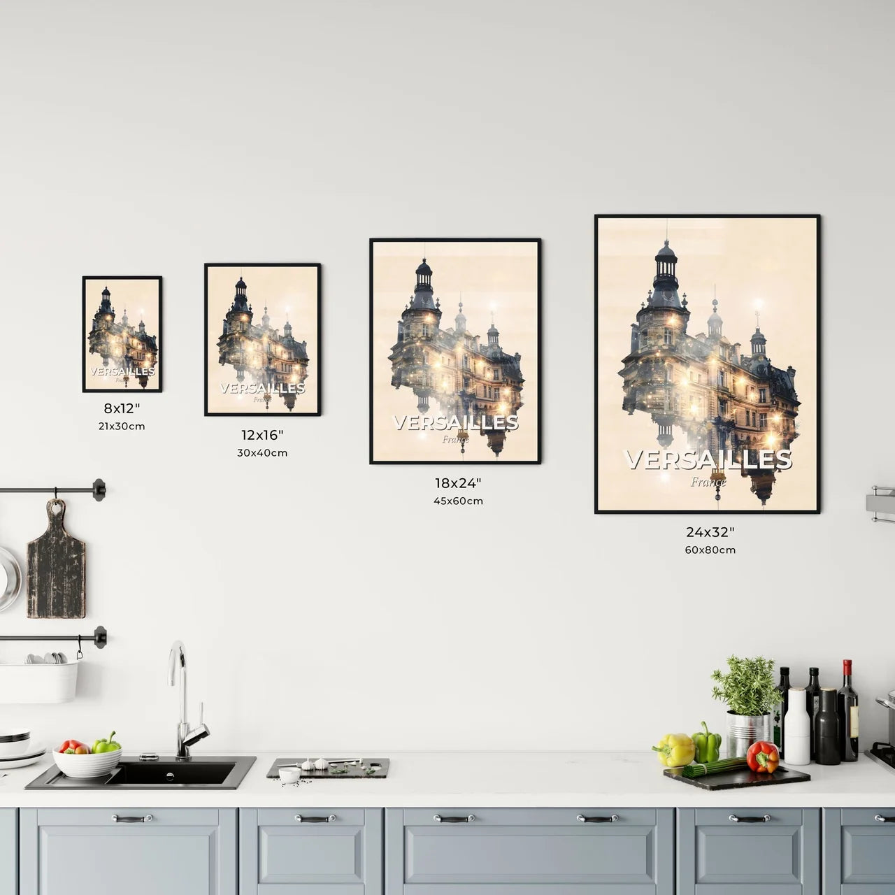 Versailles Skyline Silhouette Composite Artwork - A building with a tower and a tower Size Chart