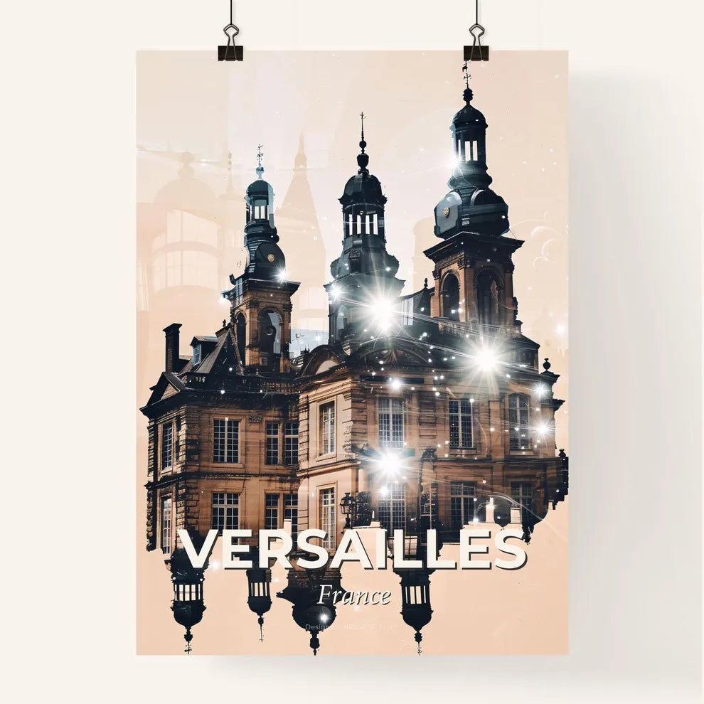 Versailles Skyline Art: Double Exposure Composite - A building with many towers and a light in the background Poster