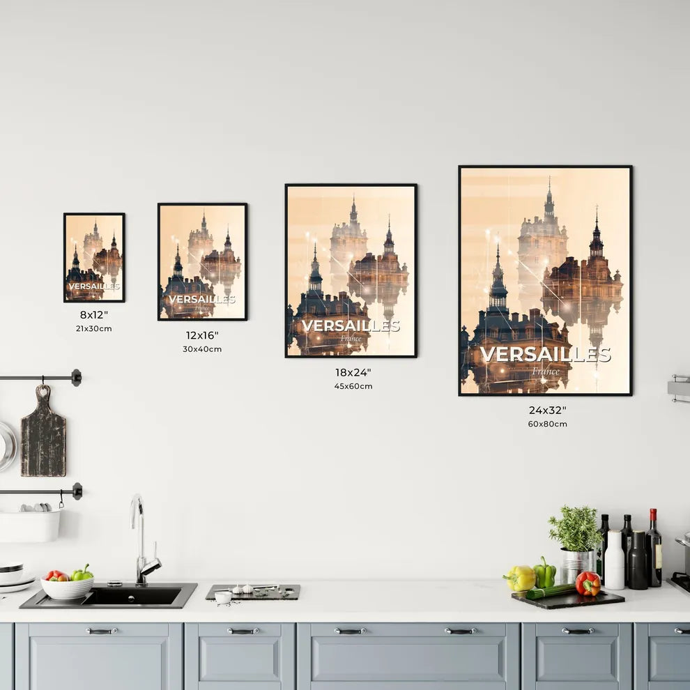 Versailles Buildings Skyline Composite Bright Beige Poster - A double exposure of a building Size Chart