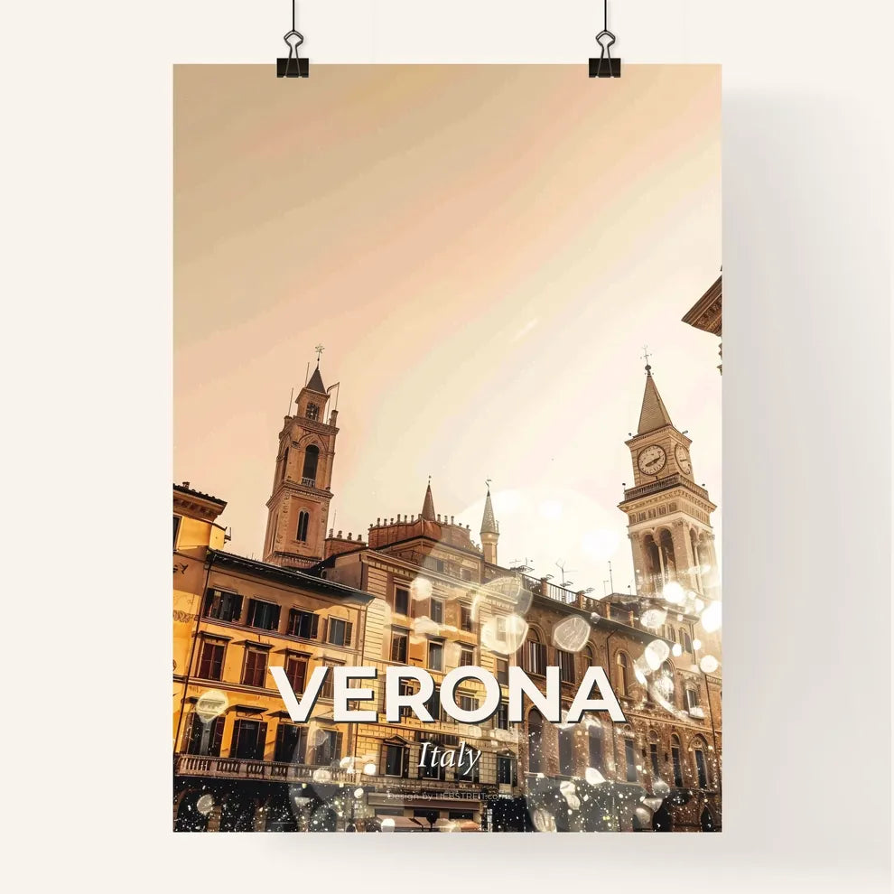Verona: City Skyline Composite Art Poster - A group of buildings with a clock tower Poster