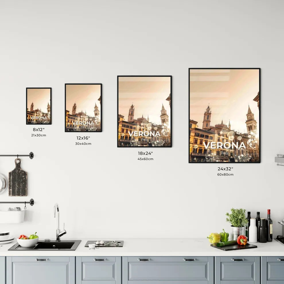 Verona: City Skyline Composite Art Poster - A group of buildings with a clock tower Size Chart