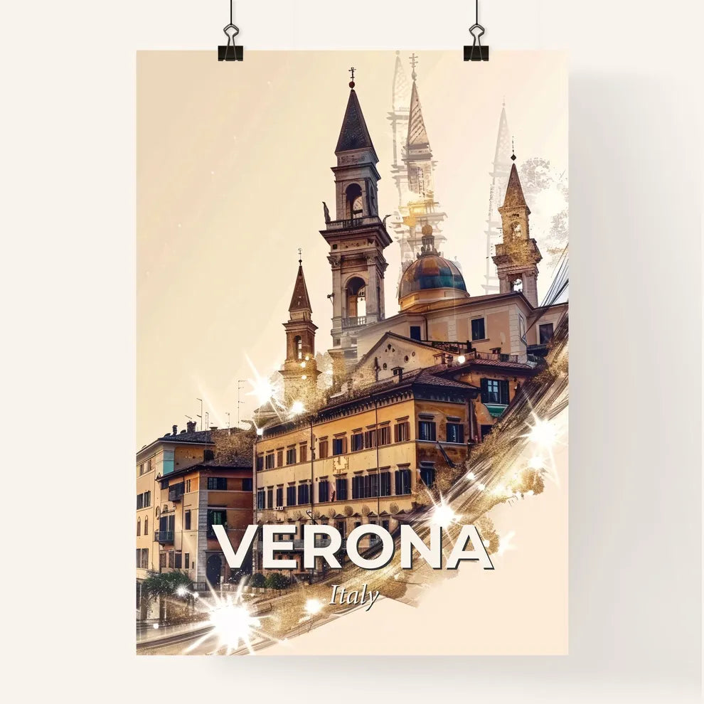 Verona City Lights Skyline Poster Art - A building with towers and a light on the side Poster