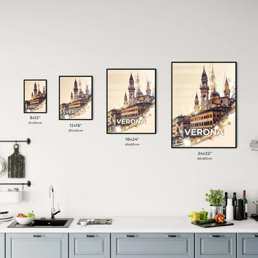Verona City Lights Skyline Poster Art - A building with towers and a light on the side Size Chart