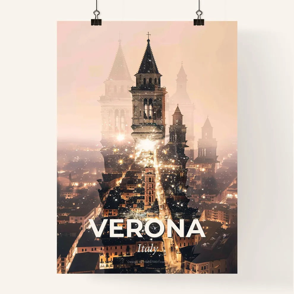 Verona City Ambiance in Artistic Double Exposure - A city with towers and lights Poster
