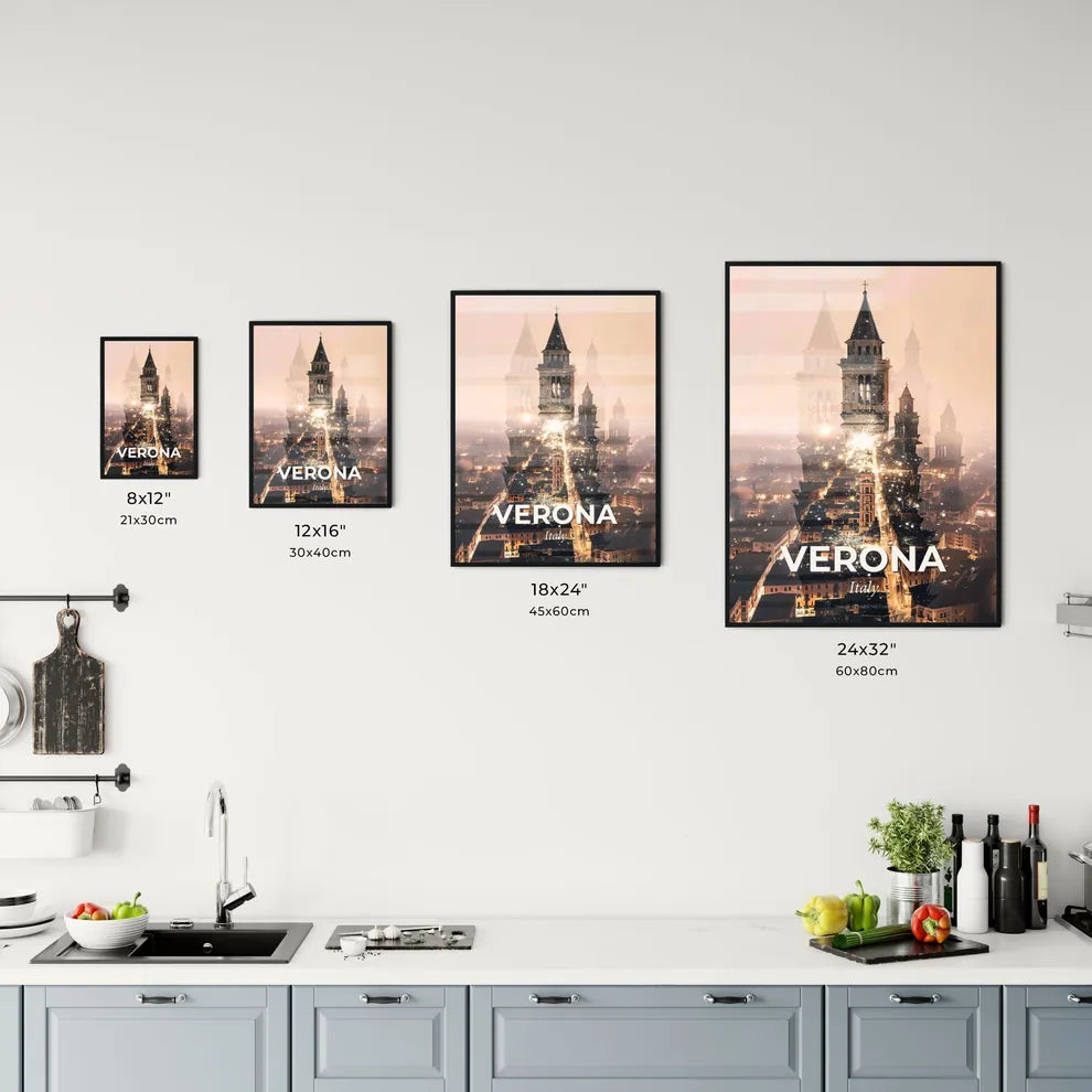Verona City Ambiance in Artistic Double Exposure - A city with towers and lights Size Chart