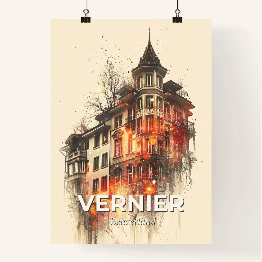 Vernier Skyline Poster: City Icons and Sparkles - A building with a tower and a spire Poster