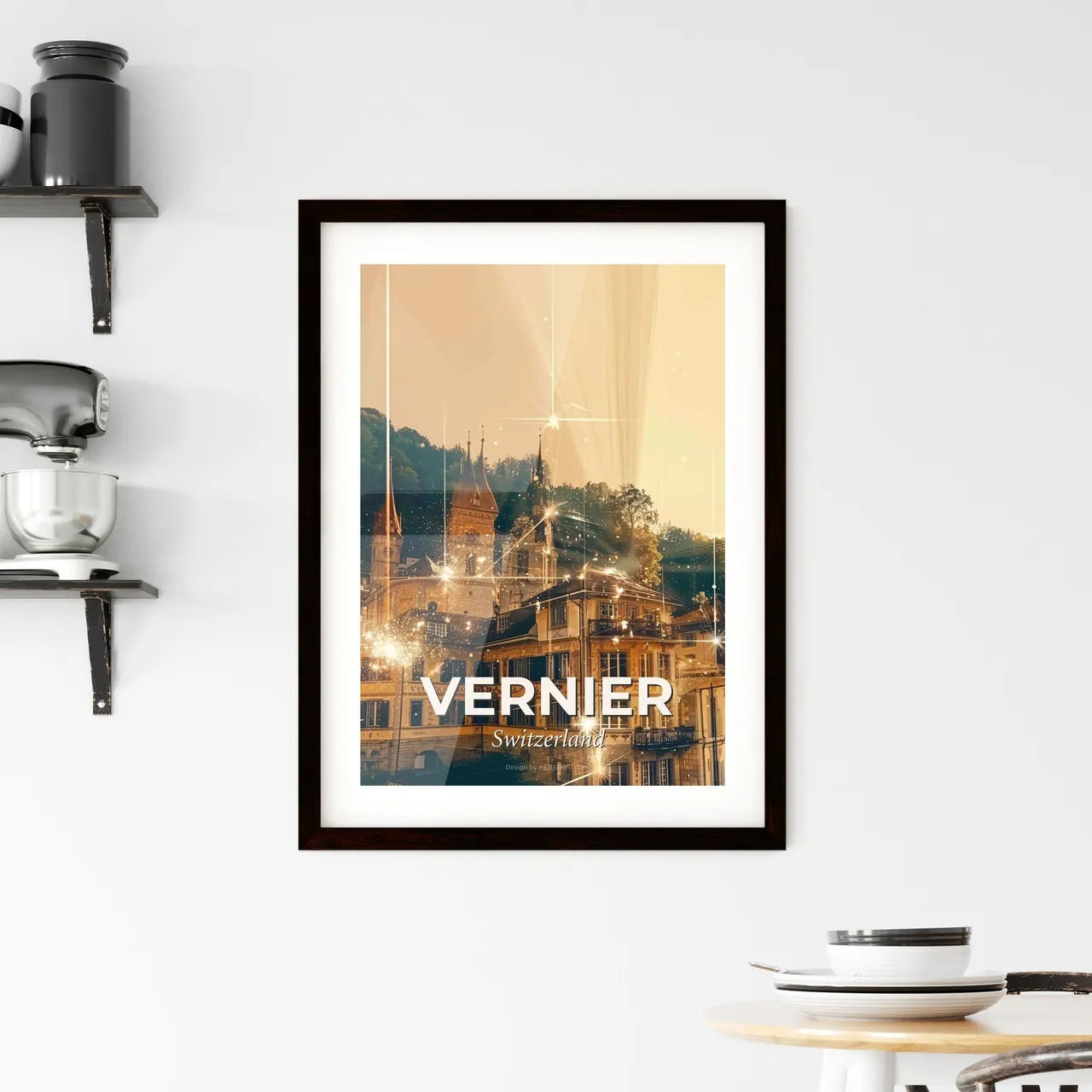 Vernier Silhouette Skyline Vernier Beige Poster - A building with many windows and a building with trees and lights Custom Print