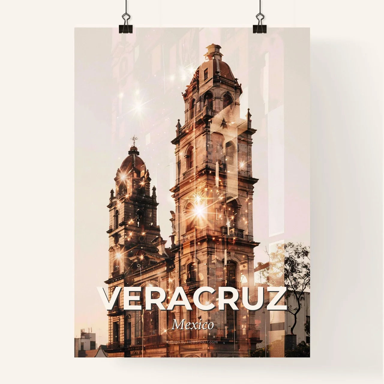 Veracruz Skyline Composite Art on Beige - A building with a tower Poster