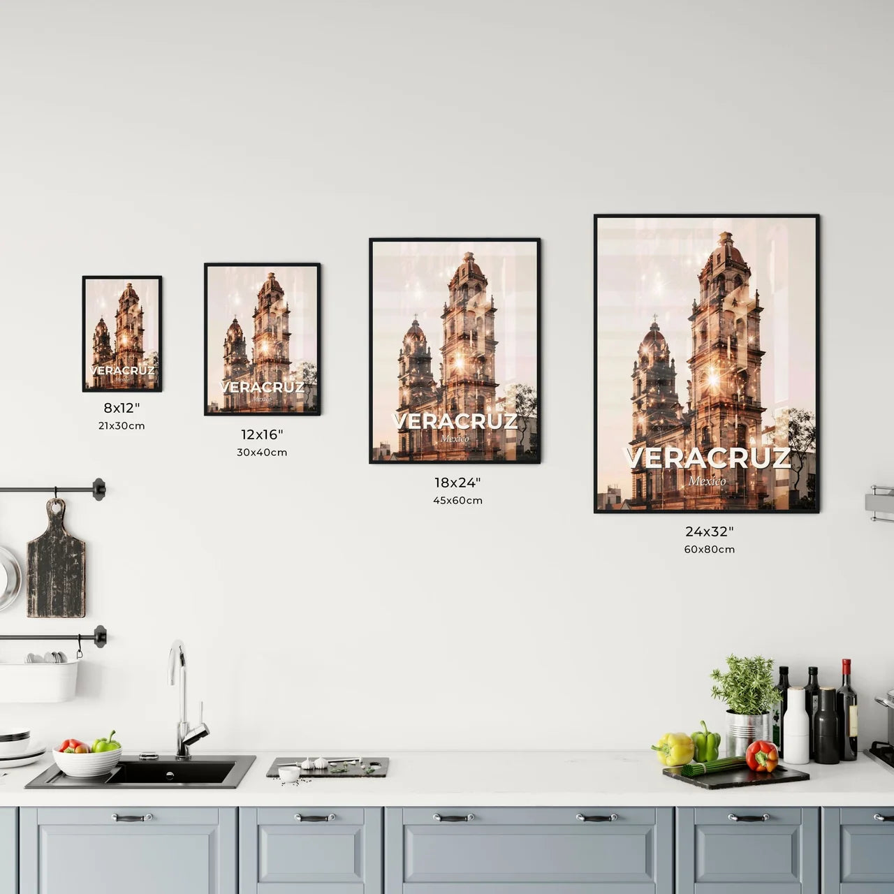 Veracruz Skyline Composite Art on Beige - A building with a tower Size Chart