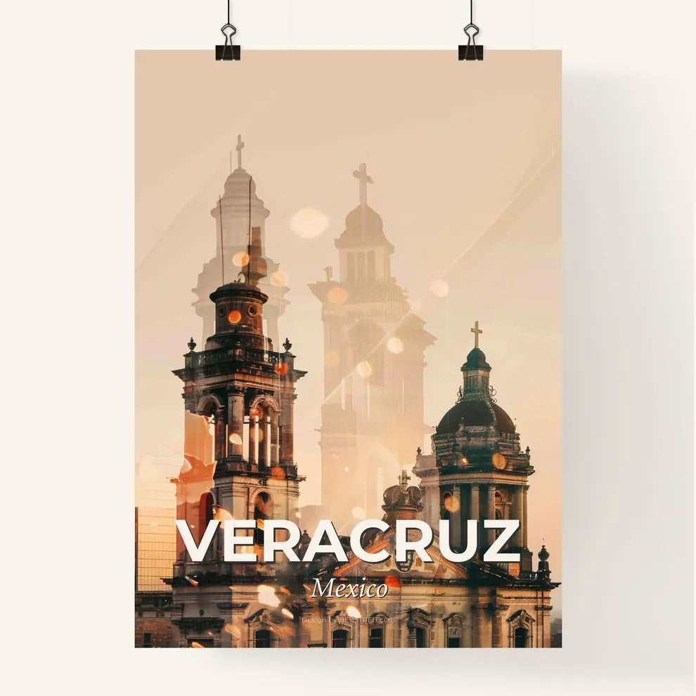 Veracruz City Skyline Collage Art Nouveau Background - A building with a tower Poster