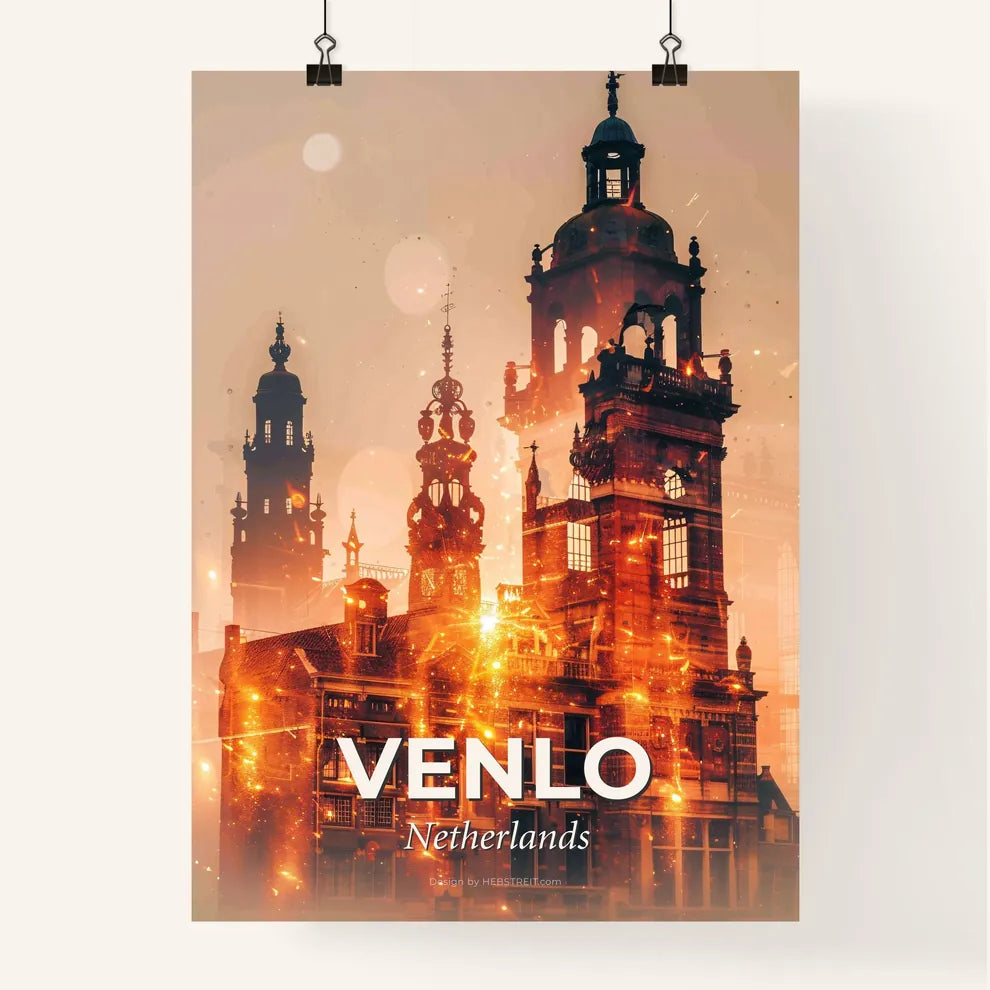 Venlo City Lights Skyline Poster - A building with a tower and a building with a tower Poster