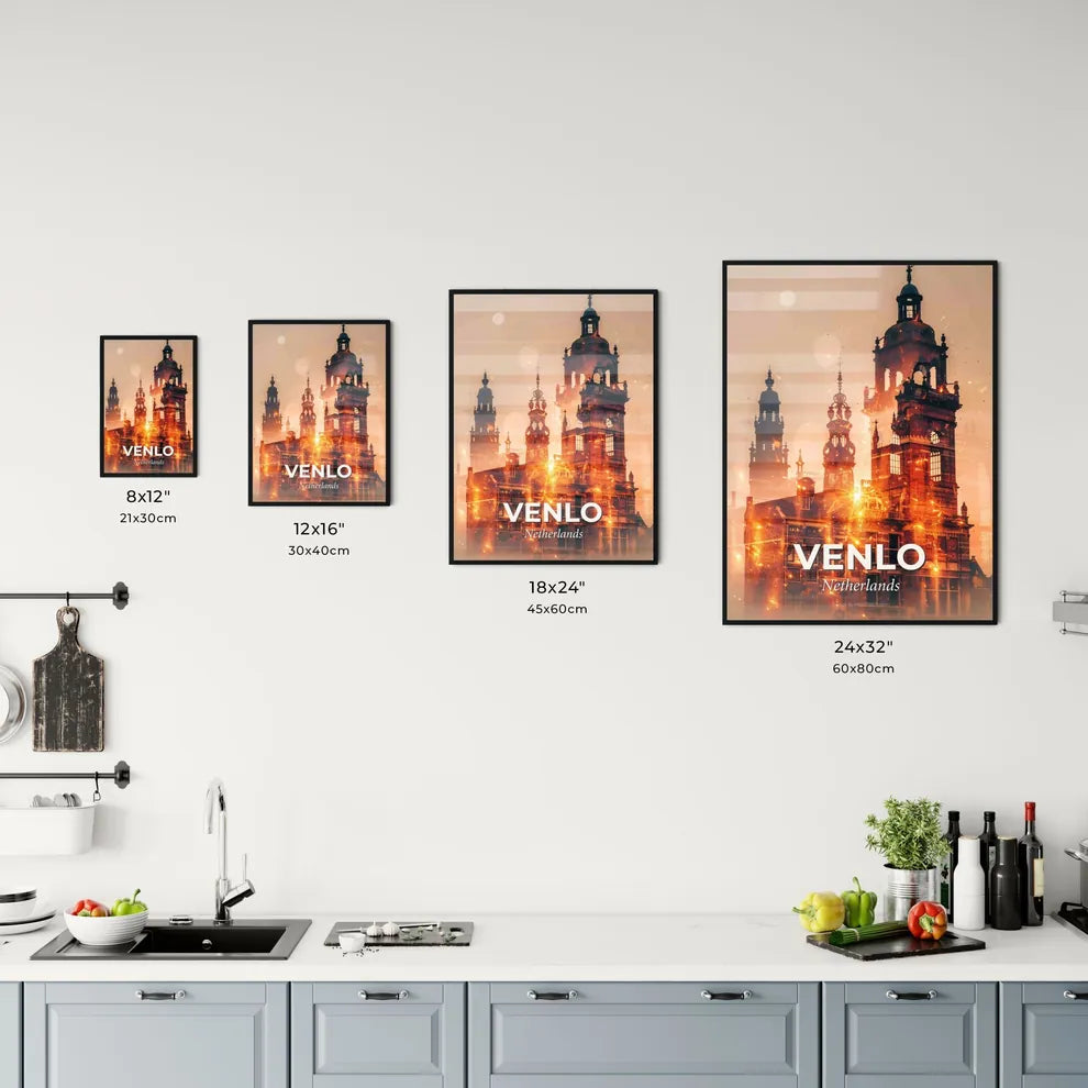 Venlo City Lights Skyline Poster - A building with a tower and a building with a tower Size Chart