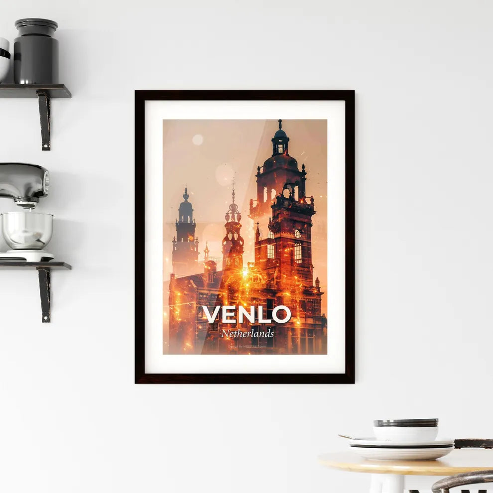 Venlo City Lights Skyline Poster - A building with a tower and a building with a tower Custom Print