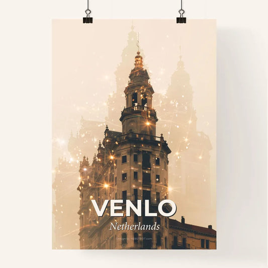 Venlo City Skyline Double Exposure Poster Art - A building with a tower and many lights Poster
