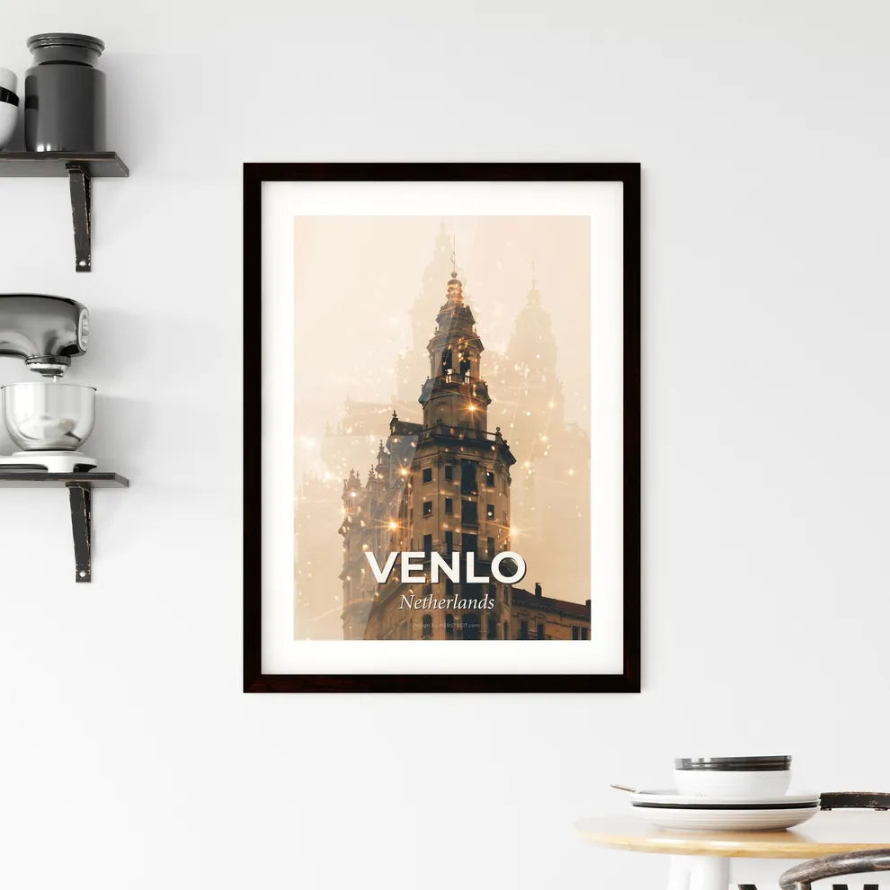 Venlo City Skyline Double Exposure Poster Art - A building with a tower and many lights Custom Print
