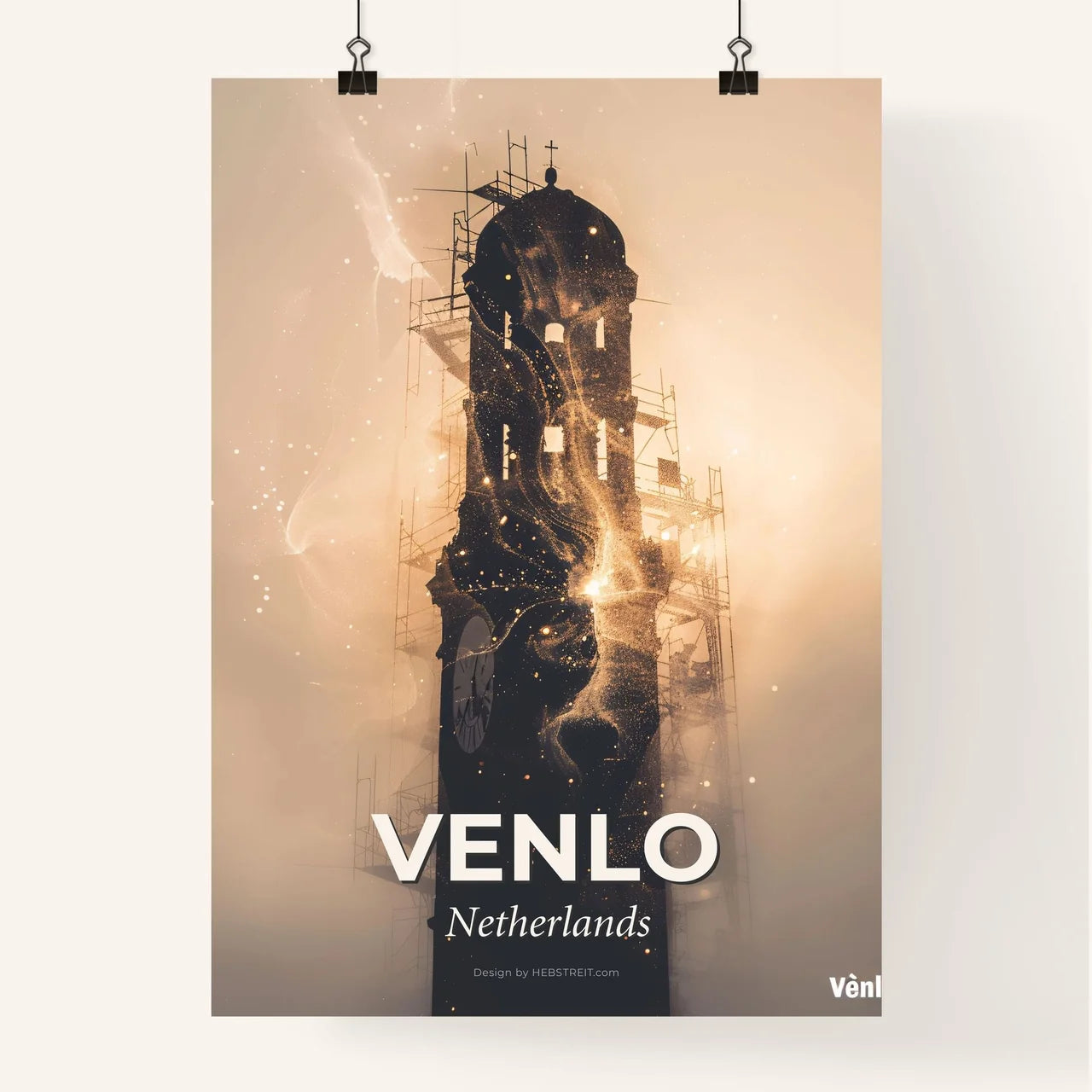 Venlo City Lightscapes - Dutch Architecture Panorama - A tall tower with scaffolding around it Poster