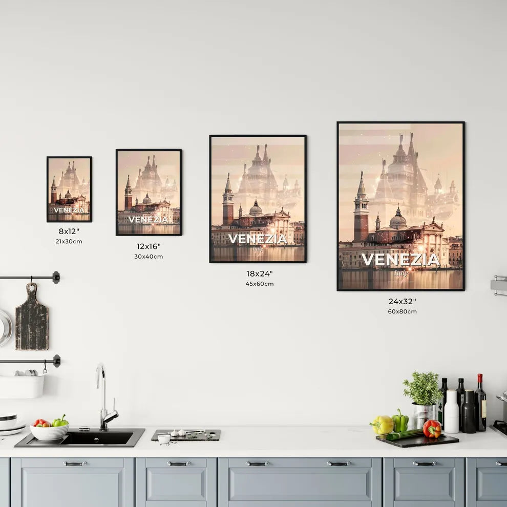 Venice City Skyline Double Exposure Poster - A castle with many towers and a river Size Chart