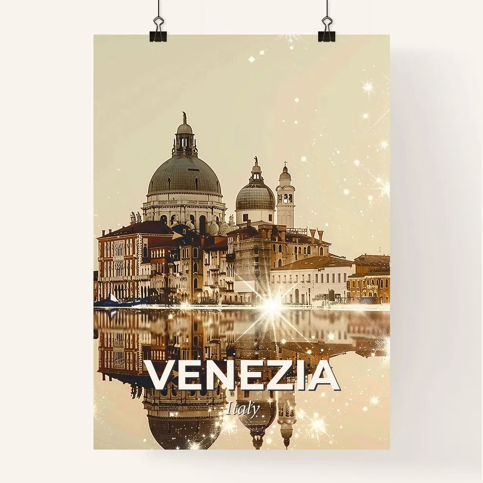 Venice City Art Deco Skyline Poster with Sparkles - A city with a reflection of the sun Poster