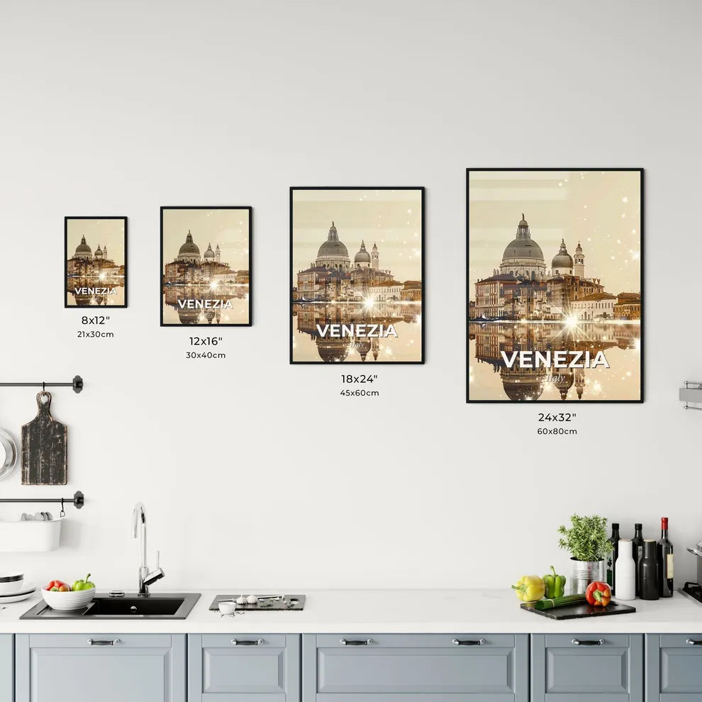 Venice City Art Deco Skyline Poster with Sparkles - A city with a reflection of the sun Size Chart