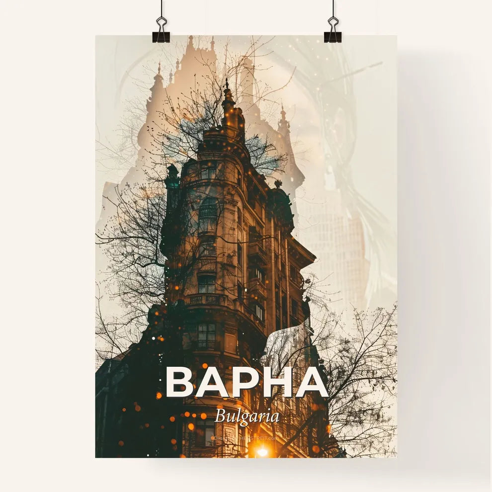 Varna Skyline Silhouette Double Exposure Poster Design - A building with a tree in front of it Poster