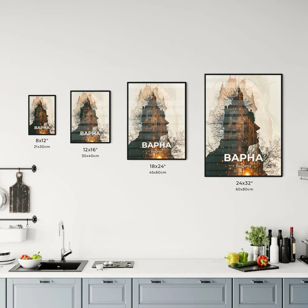 Varna Skyline Silhouette Double Exposure Poster Design - A building with a tree in front of it Size Chart