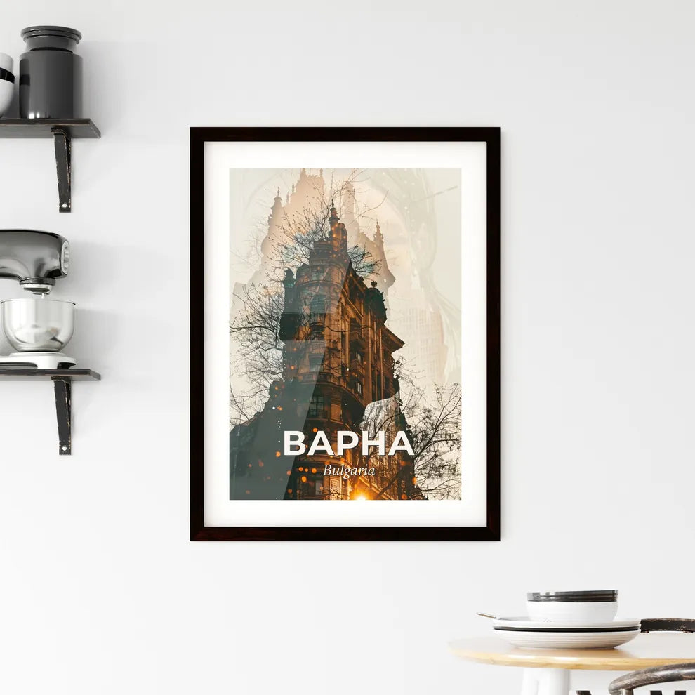 Varna Skyline Silhouette Double Exposure Poster Design - A building with a tree in front of it Custom Print