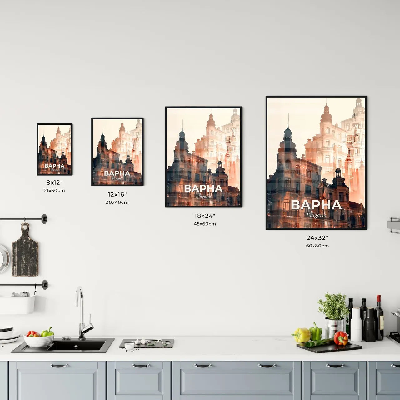 Varna Skyline Composite Art Beige Poster - A double exposure of a building Size Chart