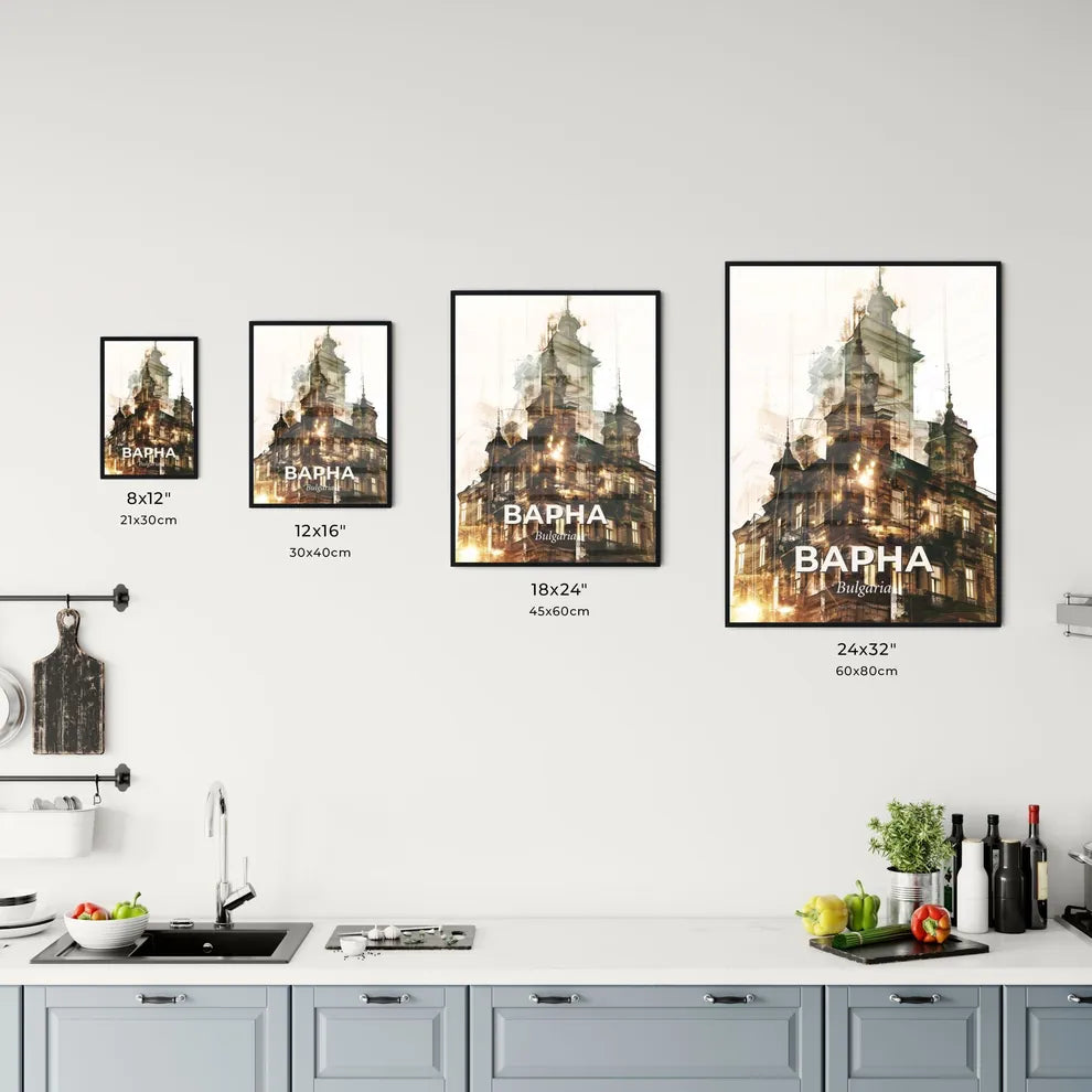 Varna, Double Exposure City Skyline Silhouette Poster - A building with a clock tower Size Chart