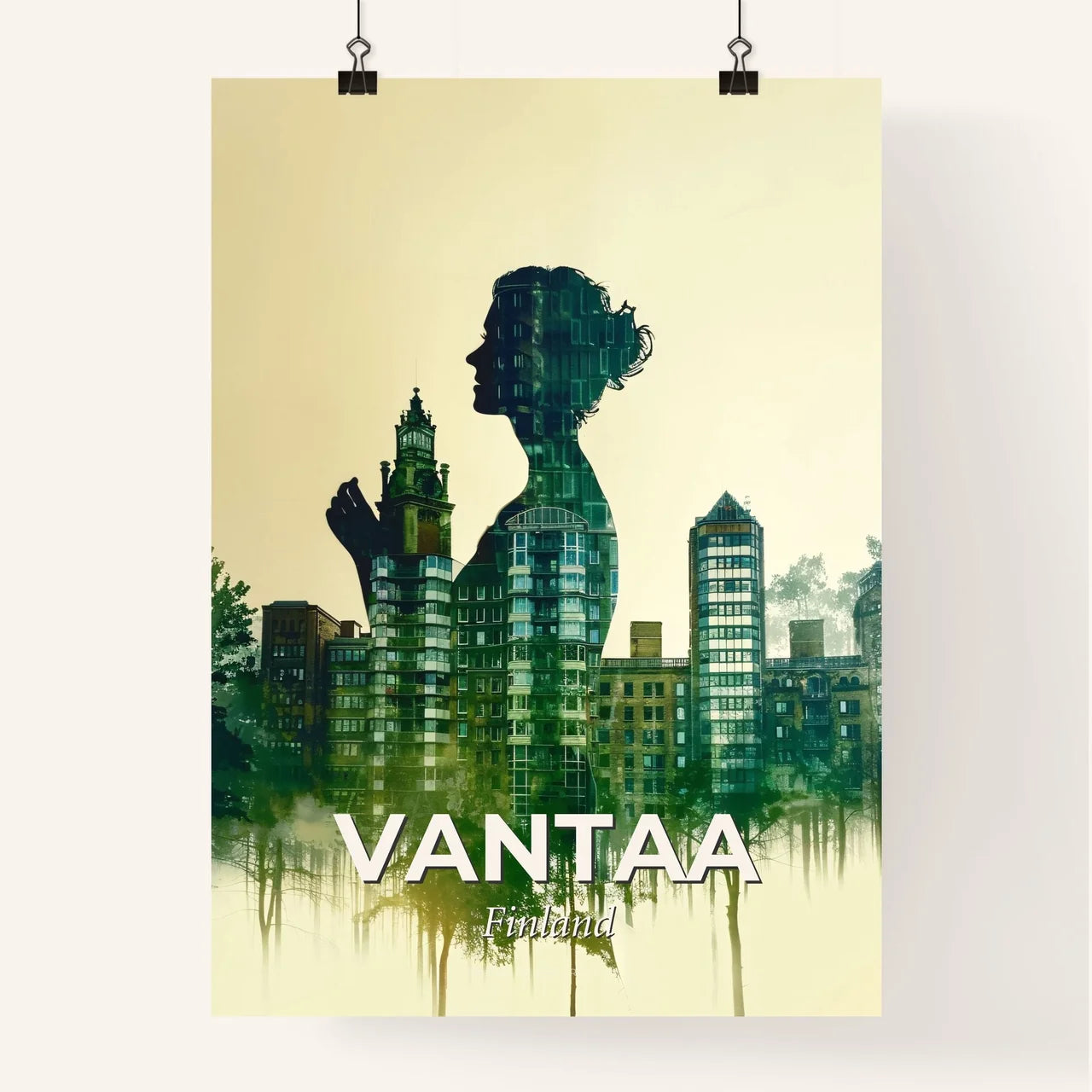 Vantaa Architectural Skyline Poster, Beige Background, Blue Green - A woman's silhouette in front of a city Poster