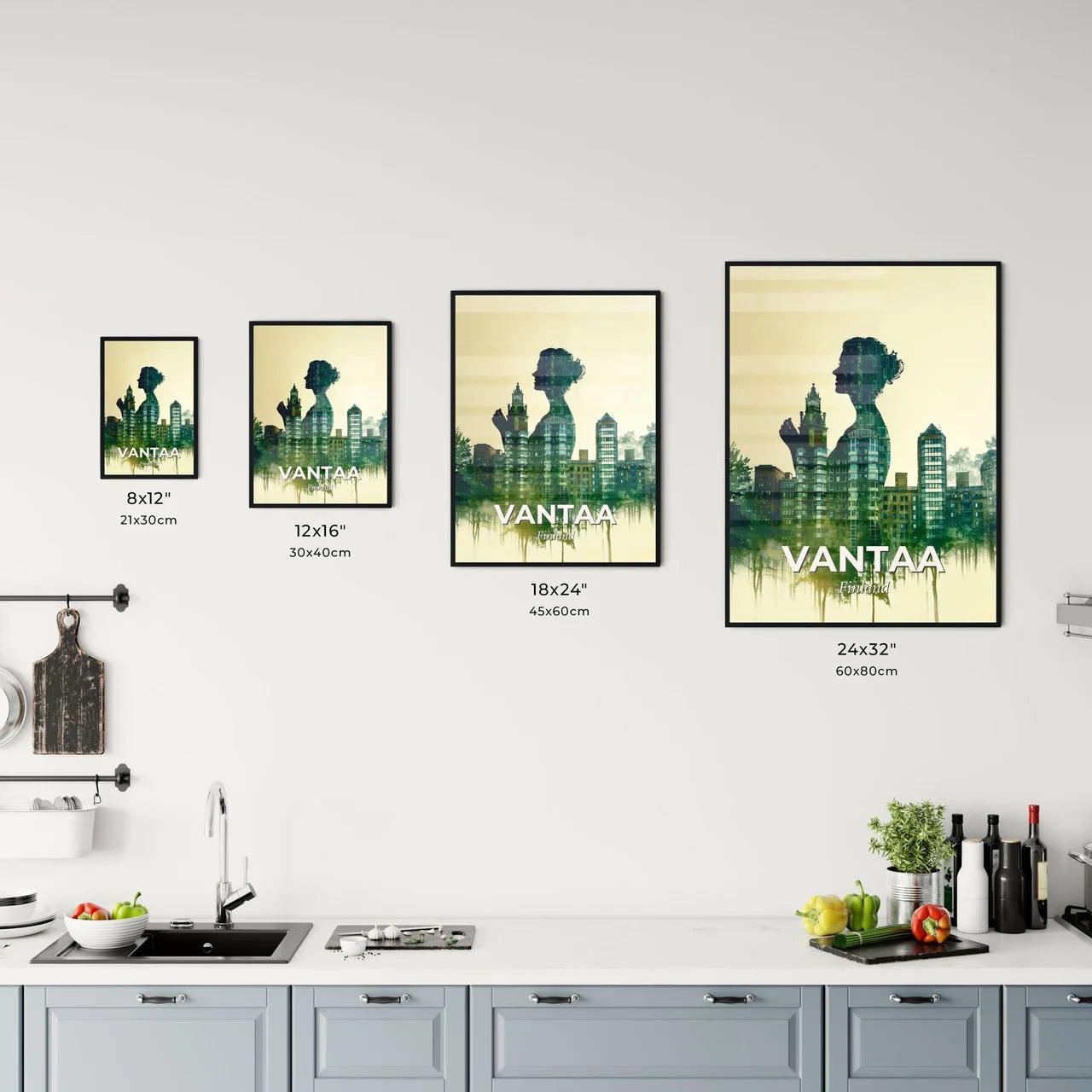 Vantaa Architectural Skyline Poster, Beige Background, Blue Green - A woman's silhouette in front of a city Size Chart