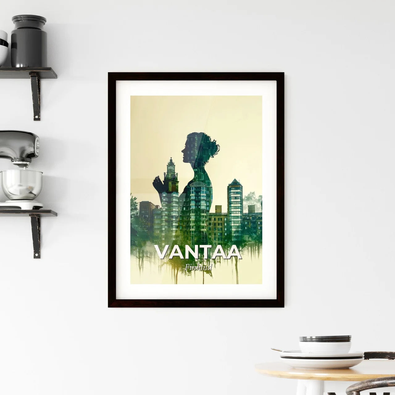 Vantaa Architectural Skyline Poster, Beige Background, Blue Green - A woman's silhouette in front of a city Custom Print