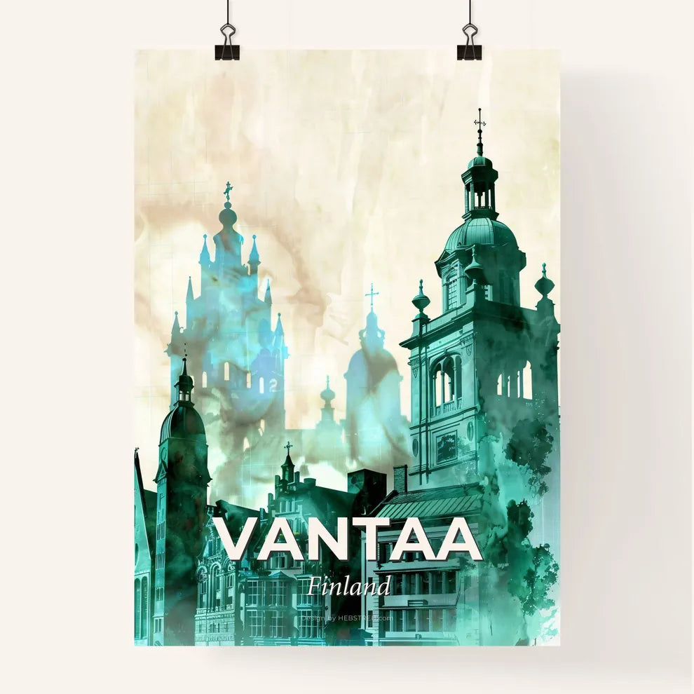 Vantaa Skyline Poster: Blue-Green Duo - A group of buildings with towers Poster