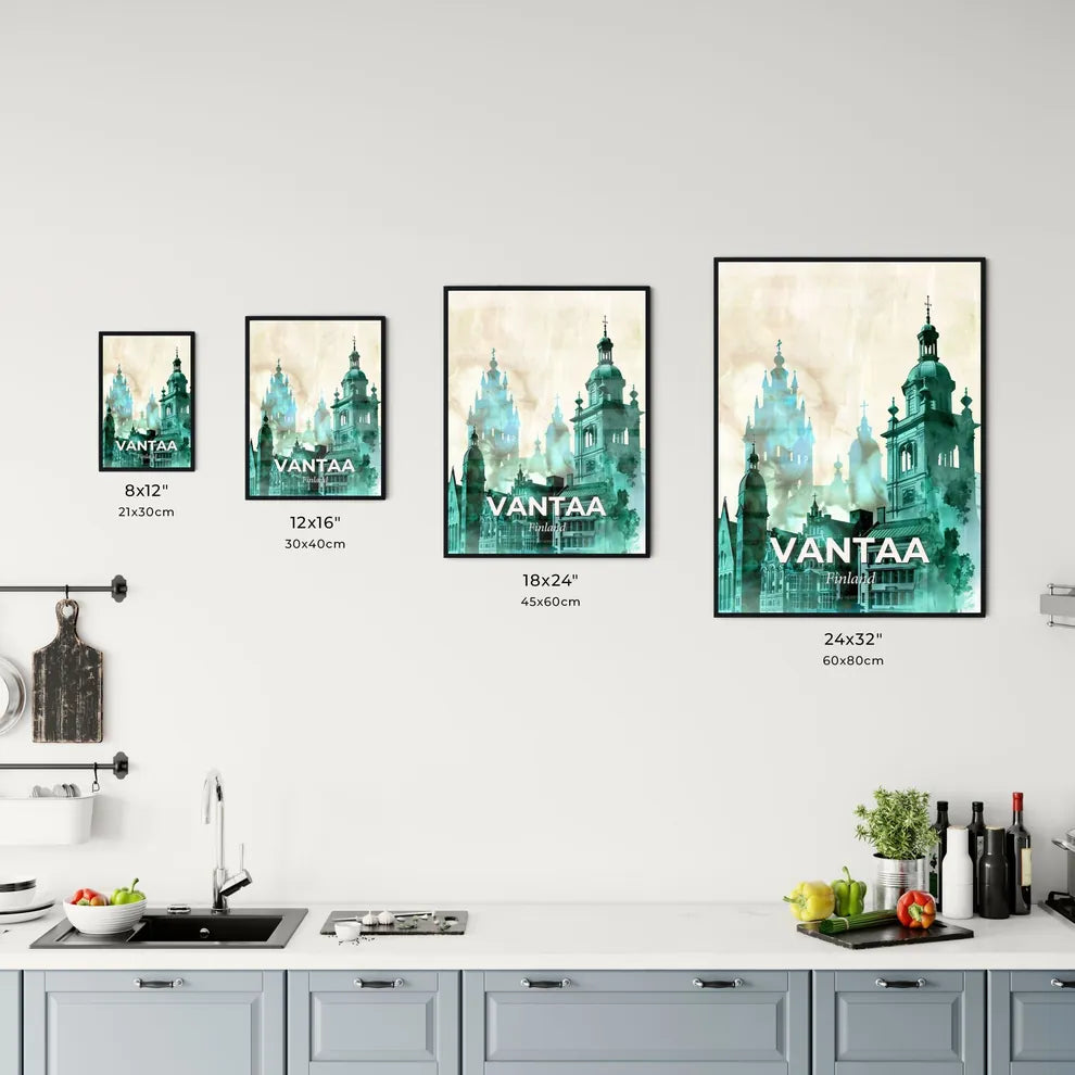Vantaa Skyline Poster: Blue-Green Duo - A group of buildings with towers Size Chart